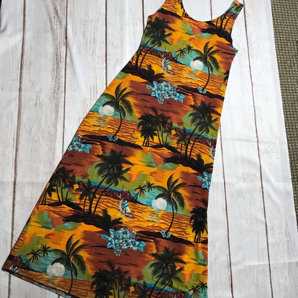 Tropical Print Sleeveless Maxi Dress in Gold, Brown, Blue, and green Size XL